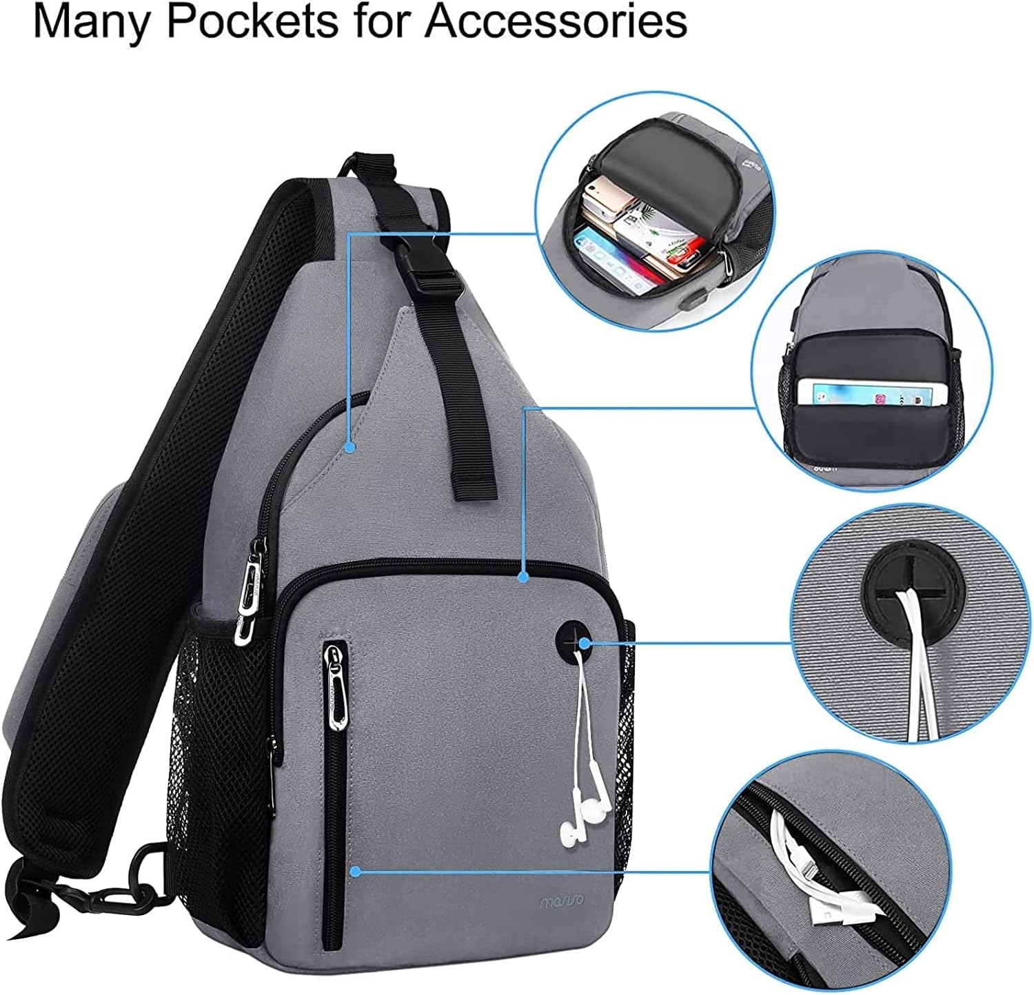 MOSISO Sling Backpack Bag, Crossbody Shoulder Bag Travel Hiking Daypack Chest Bag with Front Square Pocket&USB Charging Port,Gray iMosiso