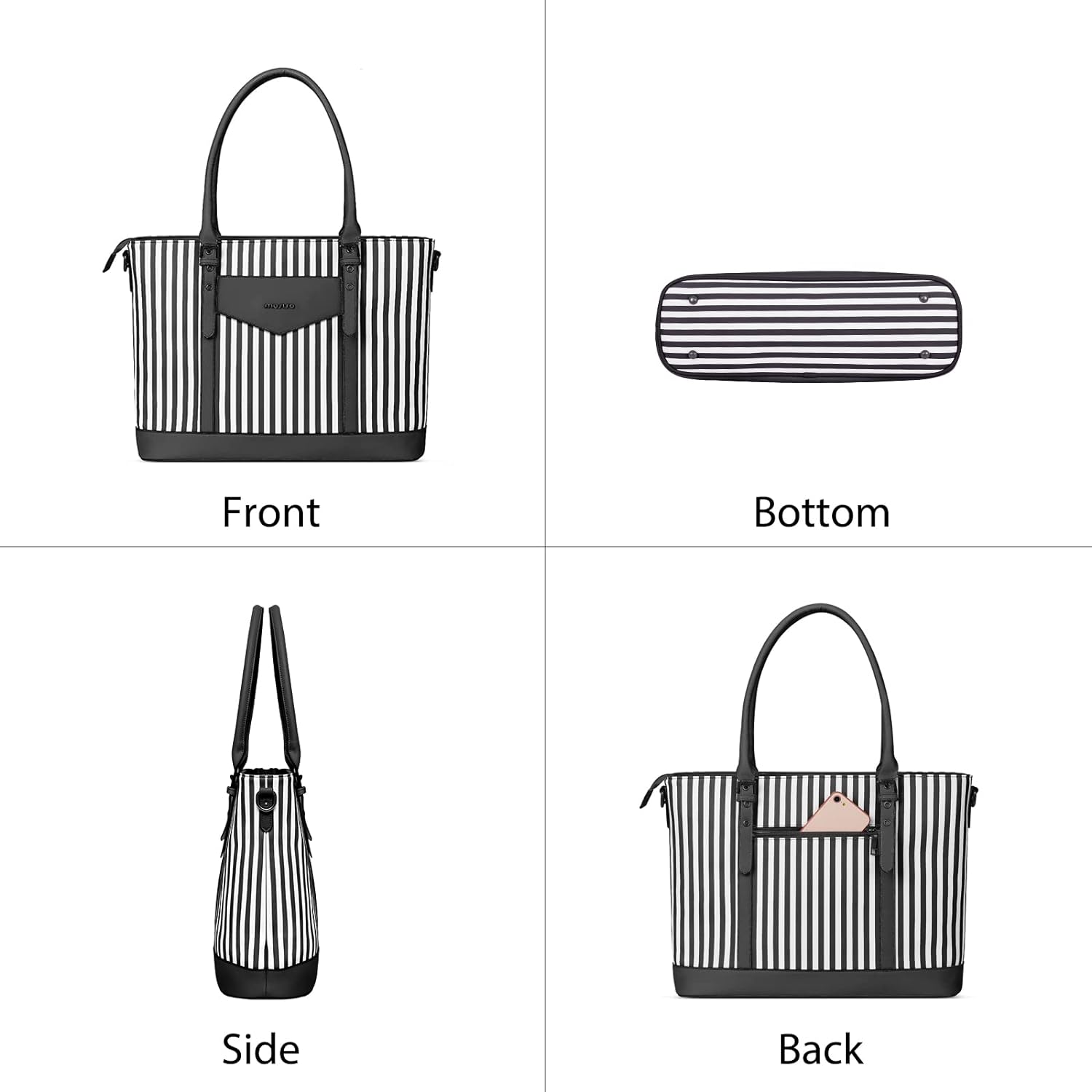 MOSISO Laptop Tote Bag for Women Compatible with MacBook, 17-17.3 inch Notebook and Chromebook, Waterproof Vertical Stripe PU Leather Travel Computer Bag with Envelope Pocket & Small Purse, Black iMosiso