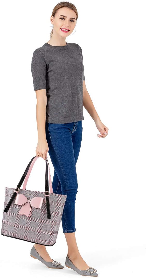 MOSISO Laptop Bag for Women Compatible with MacBook Air/Pro, 13-13.3 inch Notebook, Compatible with MacBook Pro 14 M3 M2 M1, PU Leather Large Capacity Travel Briefcase with Bowknot Grid MO-GID001GYPK iMosiso