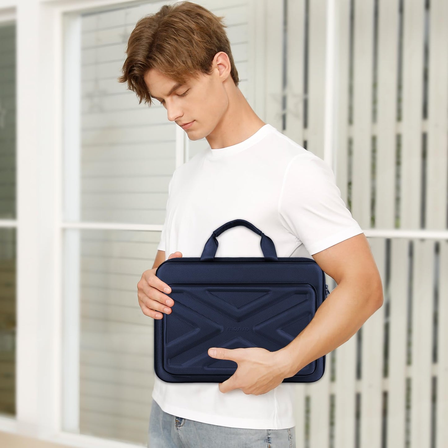 MOSISO 13-17.3 & 14 inch Laptop Hard Case, Shockproof Waterproof | Compatible with MacBook HP Dell | Carrying Sleeve Computer Bag | with Sturdy Handle & Front Pocket & Belt | Navy Blue
