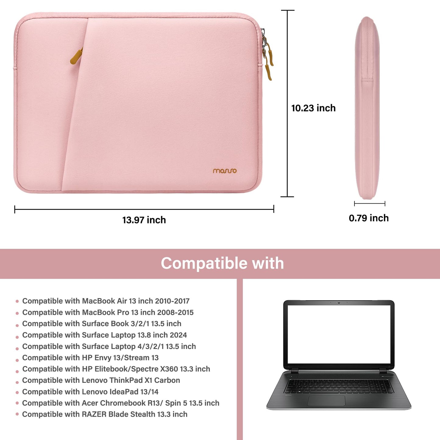 MOSISO 13.3 inch Laptop Case/Sleeve Compatible with MacBook Air | Pro 13/Pro 14 | HP Dell ASUS Lenovo Notebook | Portable Neoprene Carrying Computer Bag | with Bevel Pocket | Pink