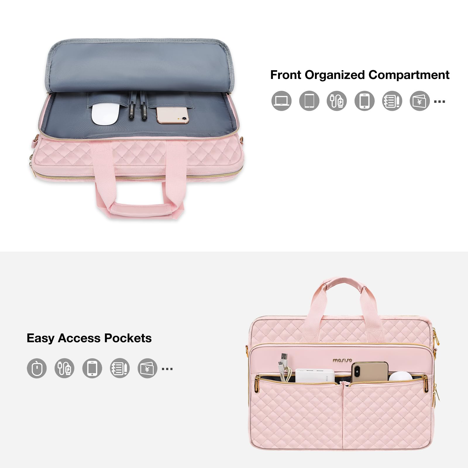 MOSISO 13.3-17.3 inch Laptop Bag, Briefcase for Women&Men,Square Quilted Computer Messenger Bag Office Travel Business with 3 Pockets&Strap iMosiso
