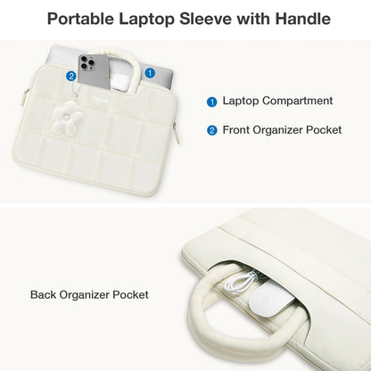 MOSISO 13-16 inch Laptop Case, Puffy Sleeve for MacBook Air/Pro | Compatible with HP Acer Dell ASUS Lenovo | Rectangle Quilted Computer Bag | with Handle & Flower Pendant | Sand Color
