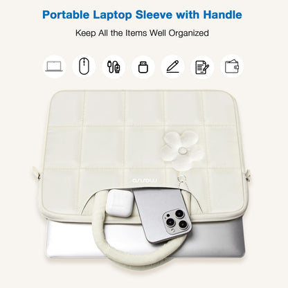 MOSISO 13-16 inch Laptop Case, Puffy Sleeve for MacBook Air/Pro | Compatible with HP Acer Dell ASUS Lenovo | Rectangle Quilted Computer Bag | with Handle & Flower Pendant | Sand Color