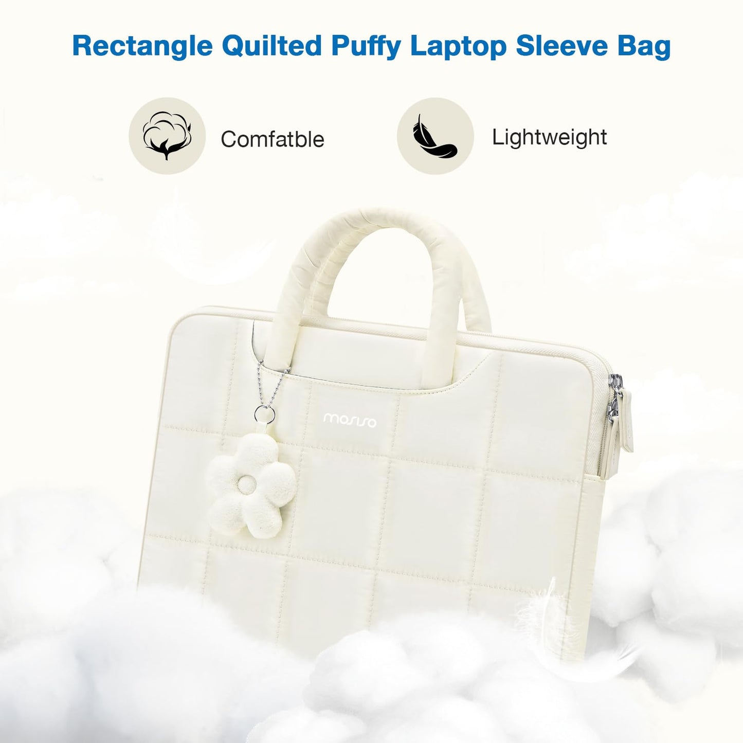 MOSISO 13-16 inch Laptop Case, Puffy Sleeve for MacBook Air/Pro | Compatible with HP Acer Dell ASUS Lenovo | Rectangle Quilted Computer Bag | with Handle & Flower Pendant | Sand Color