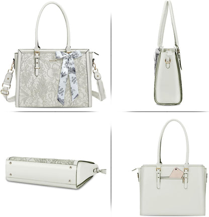 MOSISO Laptop Bag for Women, 15.6-16 inch PU Leathe Tote Bag Compatible with MacBook, HP, Dell, Asus Notebook, Front Embossed Retro Hibiscus Computer Bag with Silk Scarf&Clutch Purse, Beige iMosiso