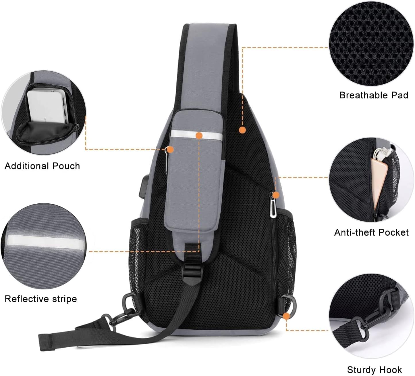 MOSISO Sling Backpack Bag, Crossbody Shoulder Bag Travel Hiking Daypack Chest Bag with Front Square Pocket&USB Charging Port,Gray iMosiso