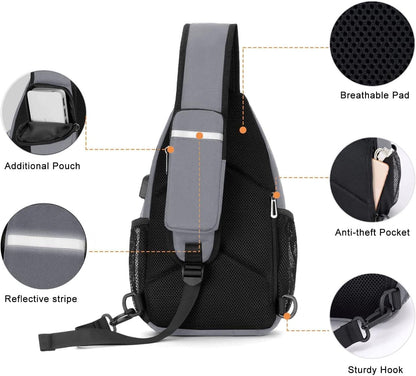 MOSISO Sling Backpack Bag, Crossbody Shoulder Bag Travel Hiking Daypack Chest Bag with Front Square Pocket&USB Charging Port,Gray iMosiso