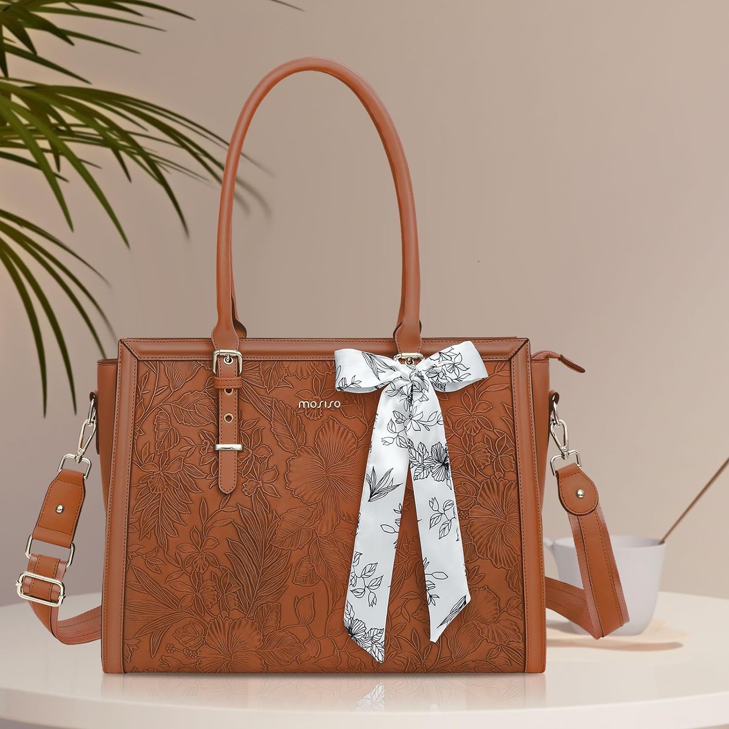 MOSISO Laptop Bag for Women, 15.6-16 inch PU Leathe Tote Bag Compatible with MacBook, HP, Dell, Asus Notebook, Front Embossed Retro Hibiscus Computer Bag with Silk Scarf&Clutch Purse, Brown iMosiso