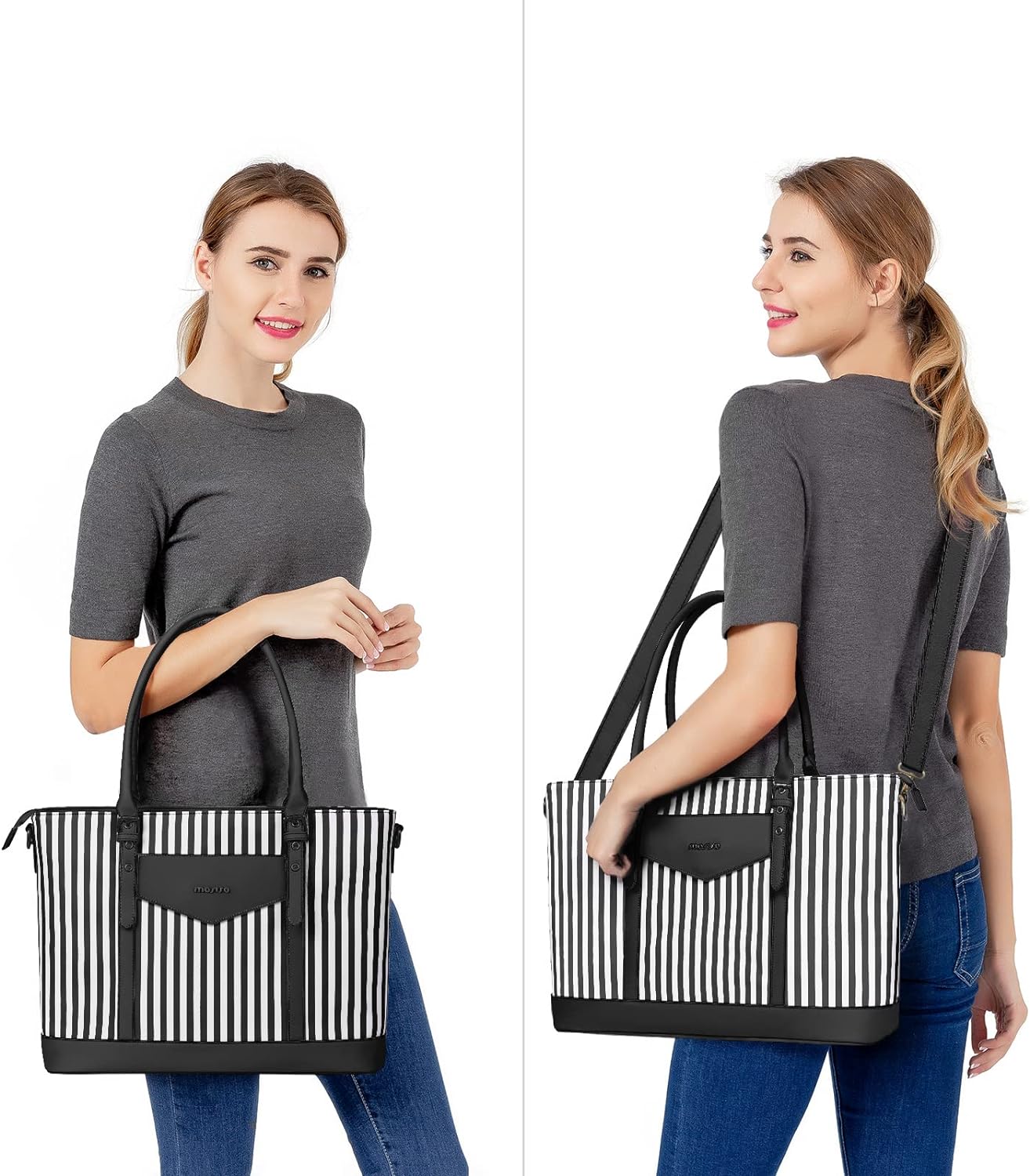 MOSISO Laptop Tote Bag for Women Compatible with MacBook Pro 16 inch, 15-15.6 inch Notebook, Waterproof Vertical Stripe PU Leather Travel Computer Bag with Envelope Pocket & Small Purse, Black iMosiso