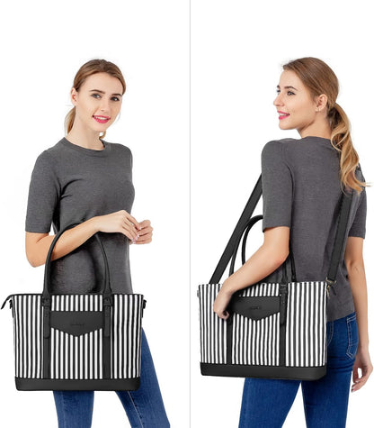 MOSISO Laptop Tote Bag for Women Compatible with MacBook, 17-17.3 inch Notebook and Chromebook, Waterproof Vertical Stripe PU Leather Travel Computer Bag with Envelope Pocket & Small Purse, Black iMosiso