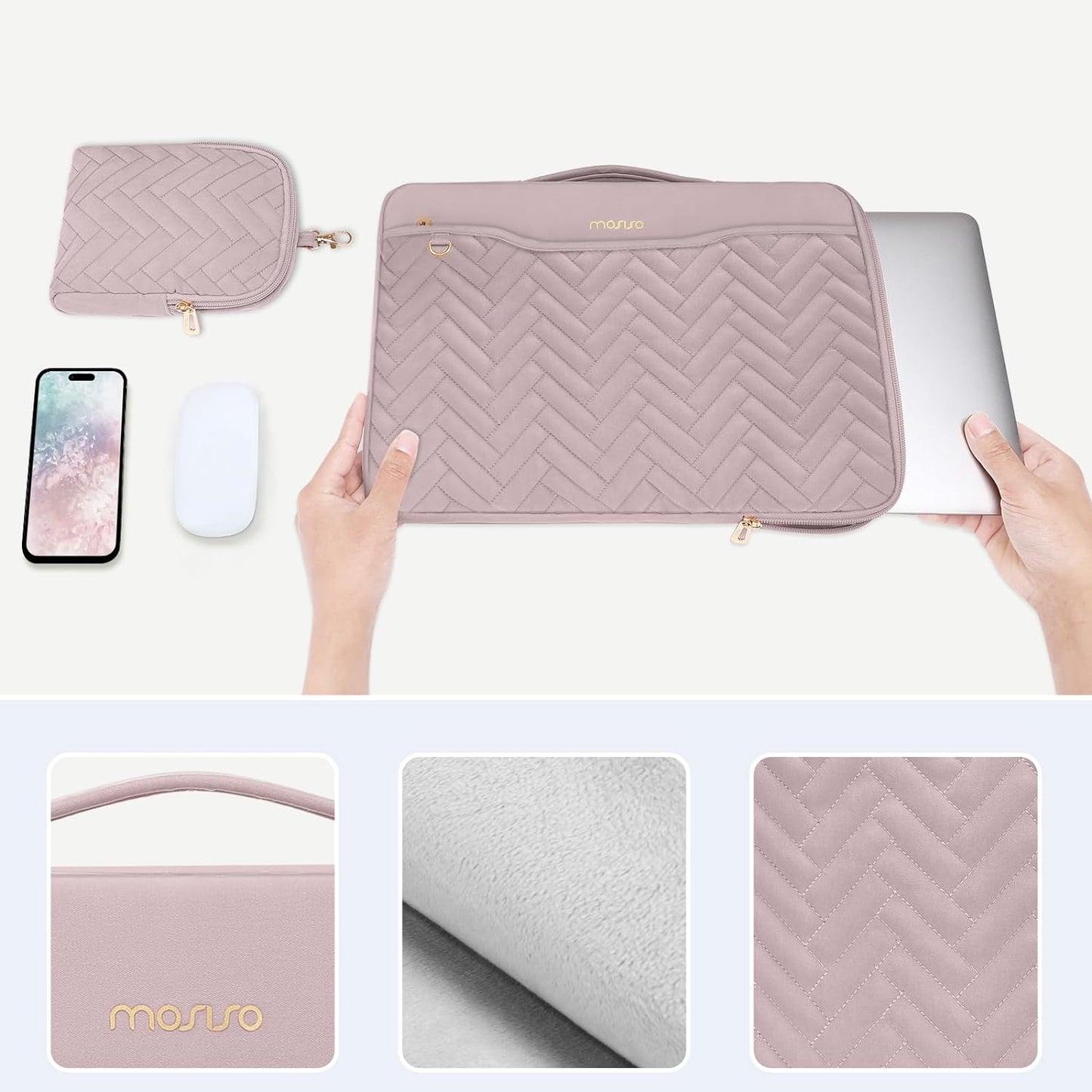MOSISO 13-14 inch 360 Protective Laptop Sleeve Compatible with MacBook Air/Pro, 13-13.3 inch Notebook, Compatible with MacBook Pro 14, Rectangle Quilted Bag with Handle&Pocket&Small Case&Belt, Pink iMosiso