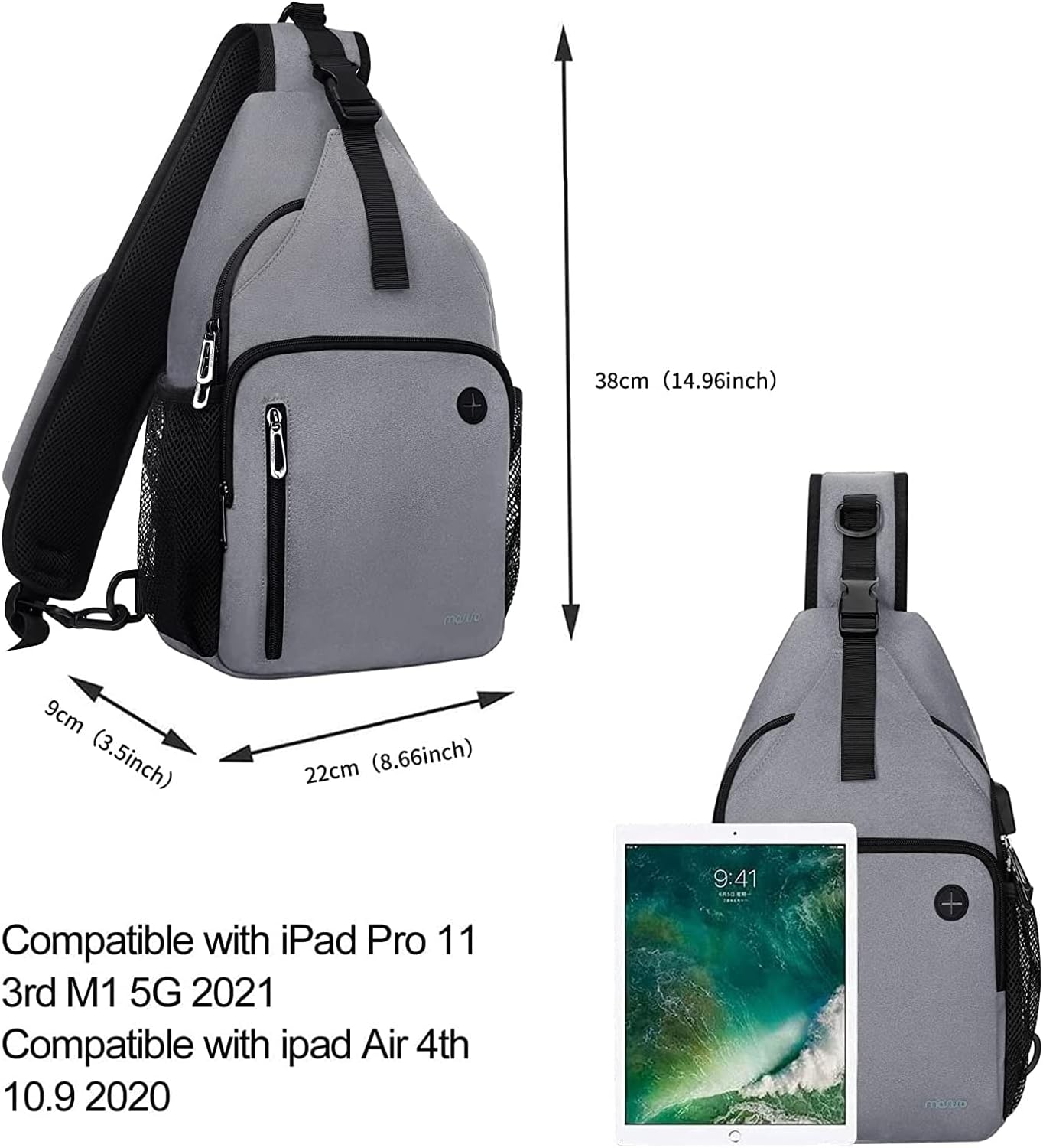 MOSISO Sling Backpack Bag, Crossbody Shoulder Bag Travel Hiking Daypack Chest Bag with Front Square Pocket&USB Charging Port,Gray iMosiso