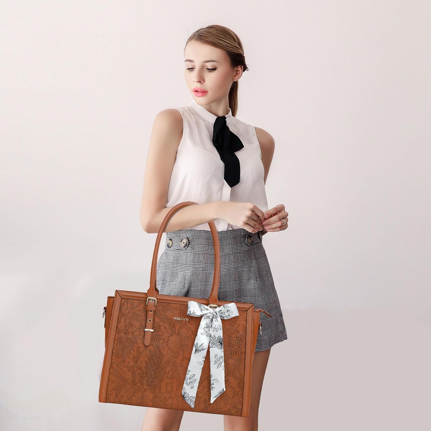 MOSISO Laptop Bag for Women, 15.6-16 inch PU Leathe Tote Bag Compatible with MacBook, HP, Dell, Asus Notebook, Front Embossed Retro Hibiscus Computer Bag with Silk Scarf&Clutch Purse, Brown iMosiso