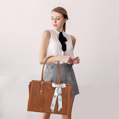 MOSISO Laptop Bag for Women, 15.6-16 inch PU Leathe Tote Bag Compatible with MacBook, HP, Dell, Asus Notebook, Front Embossed Retro Hibiscus Computer Bag with Silk Scarf&Clutch Purse, Brown iMosiso