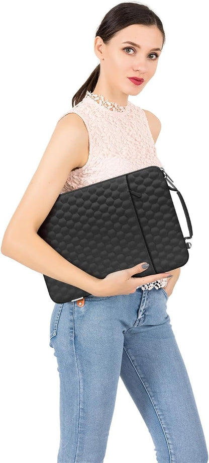 MOSISO Laptop Sleeve Compatible with MacBook Air 15 inch M2 A2941/Pro 16 M3 A2991 M2 A2780 M1 A2485 A2141 2013-2019, 15-15.6 inch Notebook, Hexagon Vertical Bag with Small Case&Side Handle&Belt, Black iMosiso