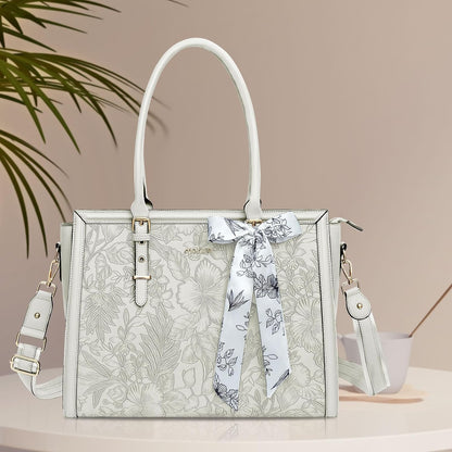 MOSISO Laptop Bag for Women, 15.6-16 inch PU Leathe Tote Bag Compatible with MacBook, HP, Dell, Asus Notebook, Front Embossed Retro Hibiscus Computer Bag with Silk Scarf&Clutch Purse, Beige iMosiso