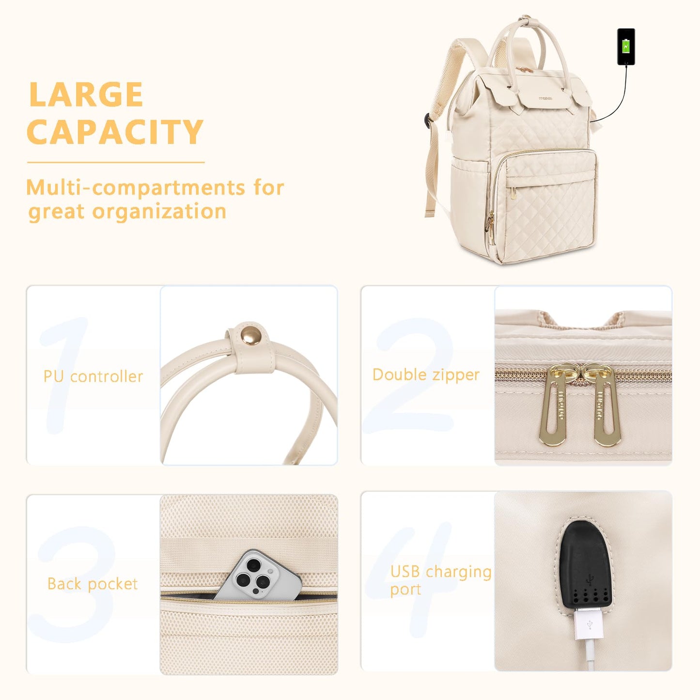 MOSISO Laptop Backpack for Women Men, 15-15.6 inch Rhombus Quilted Flight Approved Travel Backpack with PU Handle, 16 inch Carry on Daypack with USB Port for College Work Business, Beige iMosiso