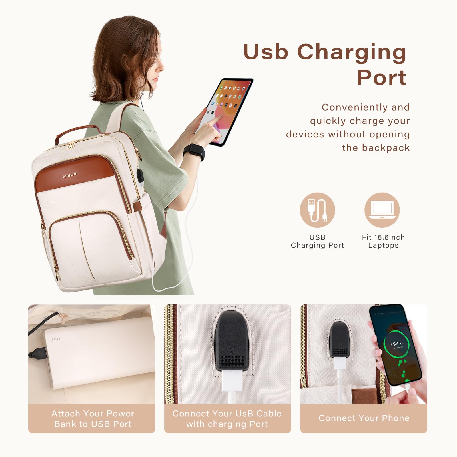 MOSISO Laptop Backpack for Women, 15.6 inch Laptop Bag with USB Charging Port&Front Pocket, Carry on Computer Bag Travel Backpack Casual Daypack for Office College Work Business, Beige iMosiso