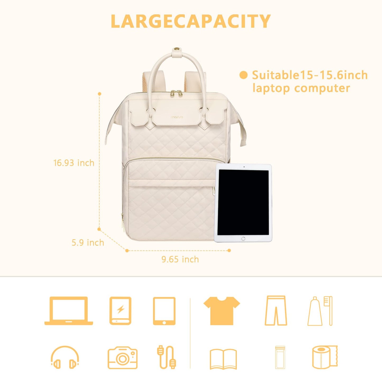 MOSISO Laptop Backpack for Women Men, 15-15.6 inch Rhombus Quilted Flight Approved Travel Backpack with PU Handle, 16 inch Carry on Daypack with USB Port for College Work Business, Beige iMosiso