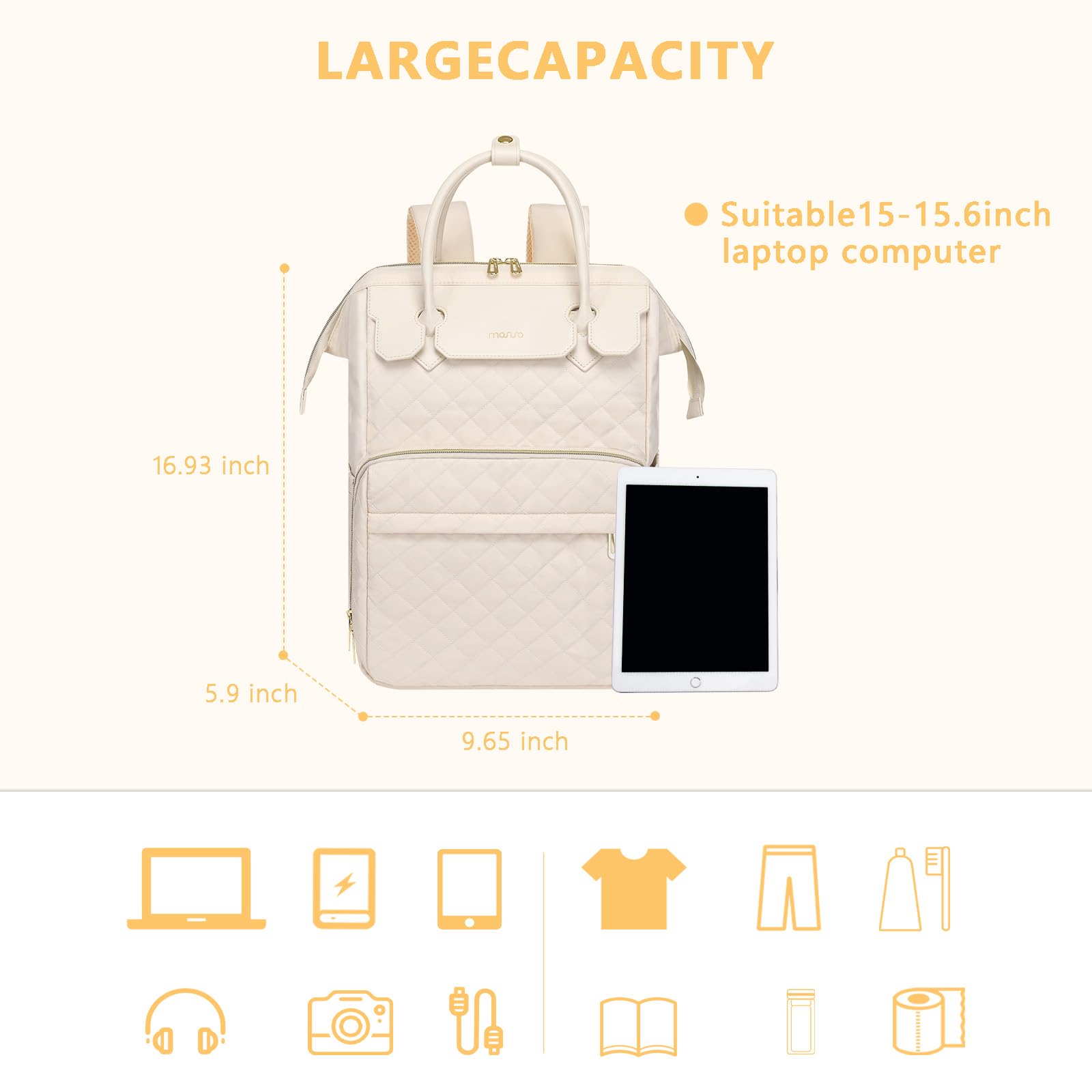 MOSISO Laptop Backpack for Women Men, 15-15.6 inch Rhombus Quilted Flight Approved Travel Backpack with PU Handle, 16 inch Carry on Daypack with USB Port for College Work Business, Beige iMosiso