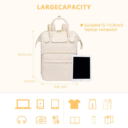 MOSISO Laptop Backpack for Women Men, 15-15.6 inch Rhombus Quilted Flight Approved Travel Backpack with PU Handle, 16 inch Carry on Daypack with USB Port for College Work Business, Beige iMosiso