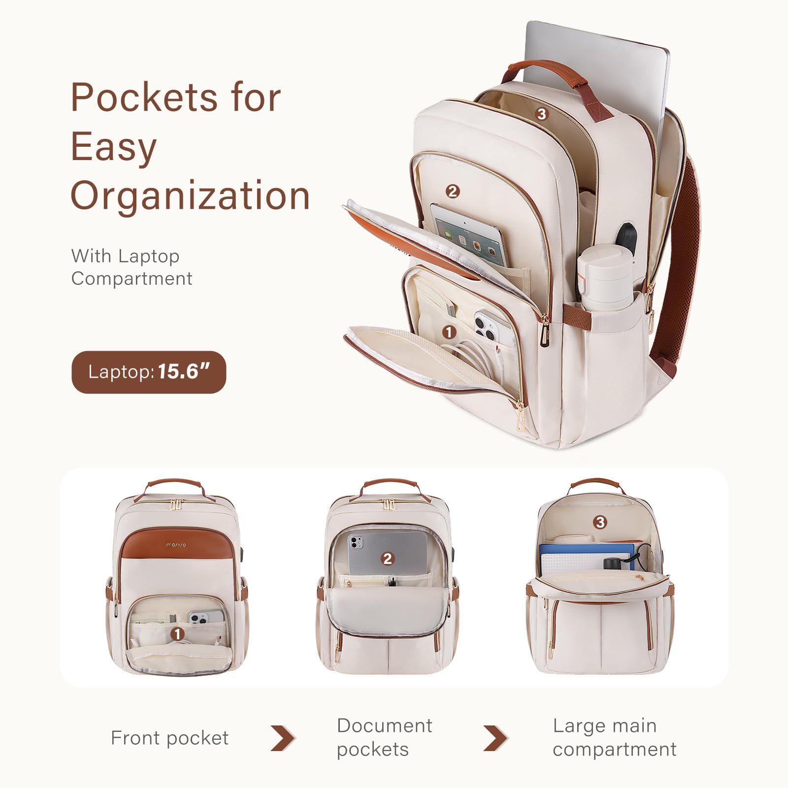 MOSISO Laptop Backpack for Women, 15.6 inch Laptop Bag with USB Charging Port&Front Pocket, Carry on Computer Bag Travel Backpack Casual Daypack for Office College Work Business, Beige iMosiso