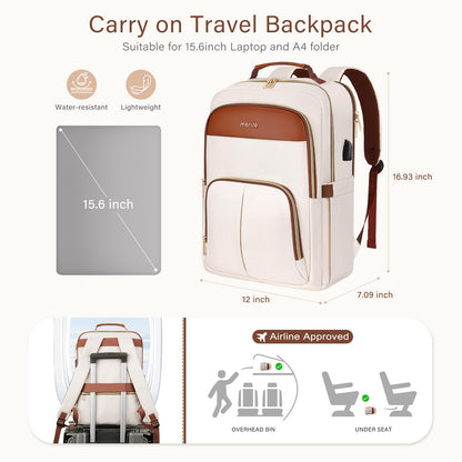 MOSISO Laptop Backpack for Women, 15.6 inch Laptop Bag with USB Charging Port&Front Pocket, Carry on Computer Bag Travel Backpack Casual Daypack for Office College Work Business, Beige iMosiso