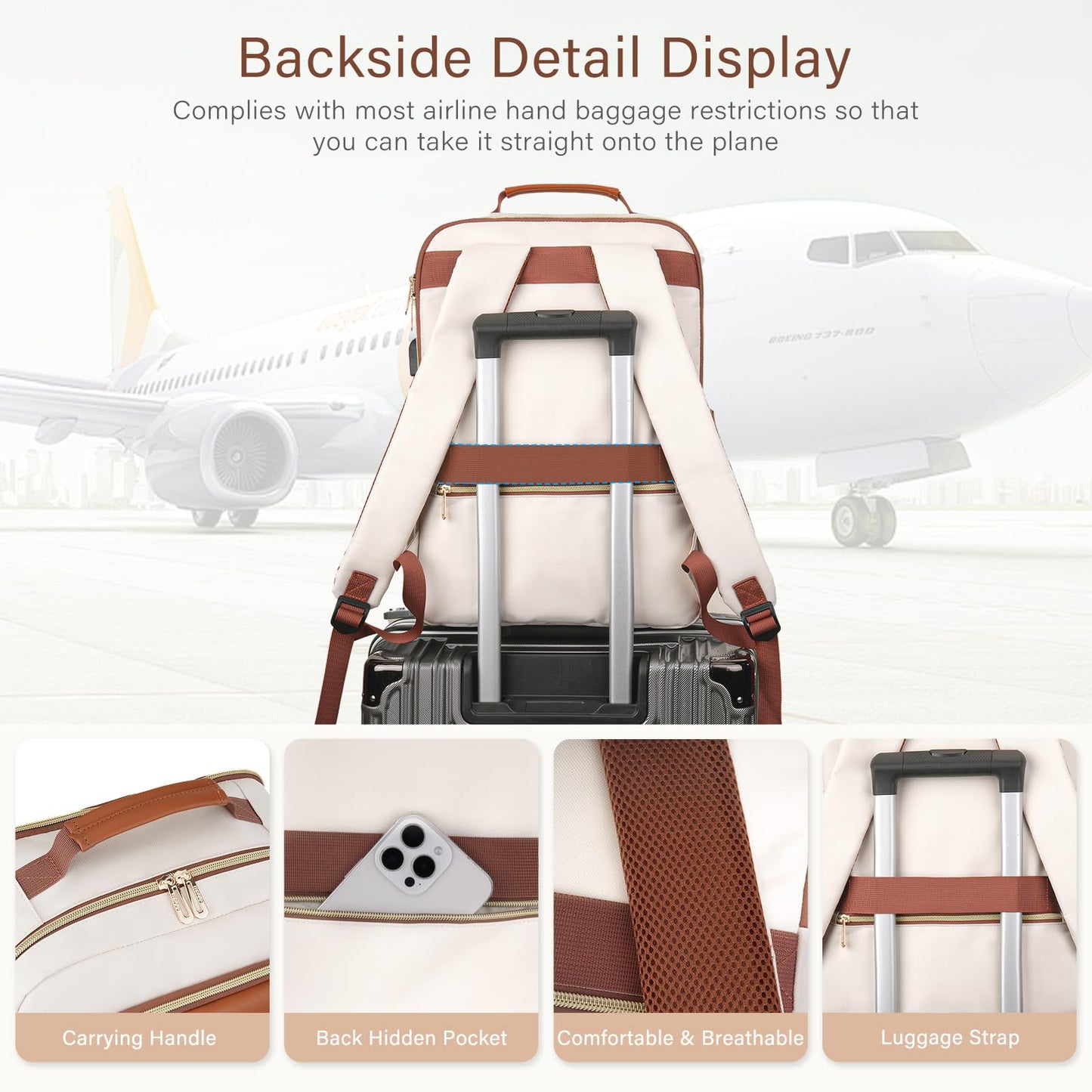 MOSISO Laptop Backpack for Women, 15.6 inch Laptop Bag with USB Charging Port&Front Pocket, Carry on Computer Bag Travel Backpack Casual Daypack for Office College Work Business, Beige iMosiso