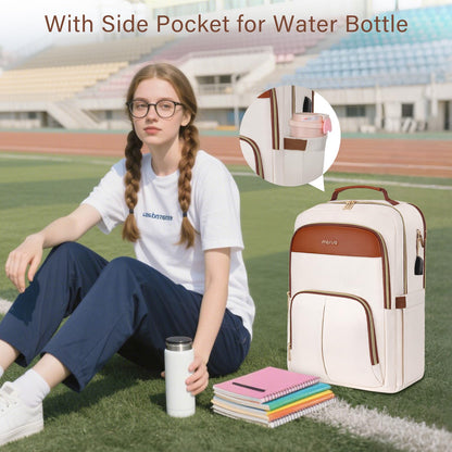 MOSISO Laptop Backpack for Women, 15.6 inch Laptop Bag with USB Charging Port&Front Pocket, Carry on Computer Bag Travel Backpack Casual Daypack for Office College Work Business, Beige iMosiso