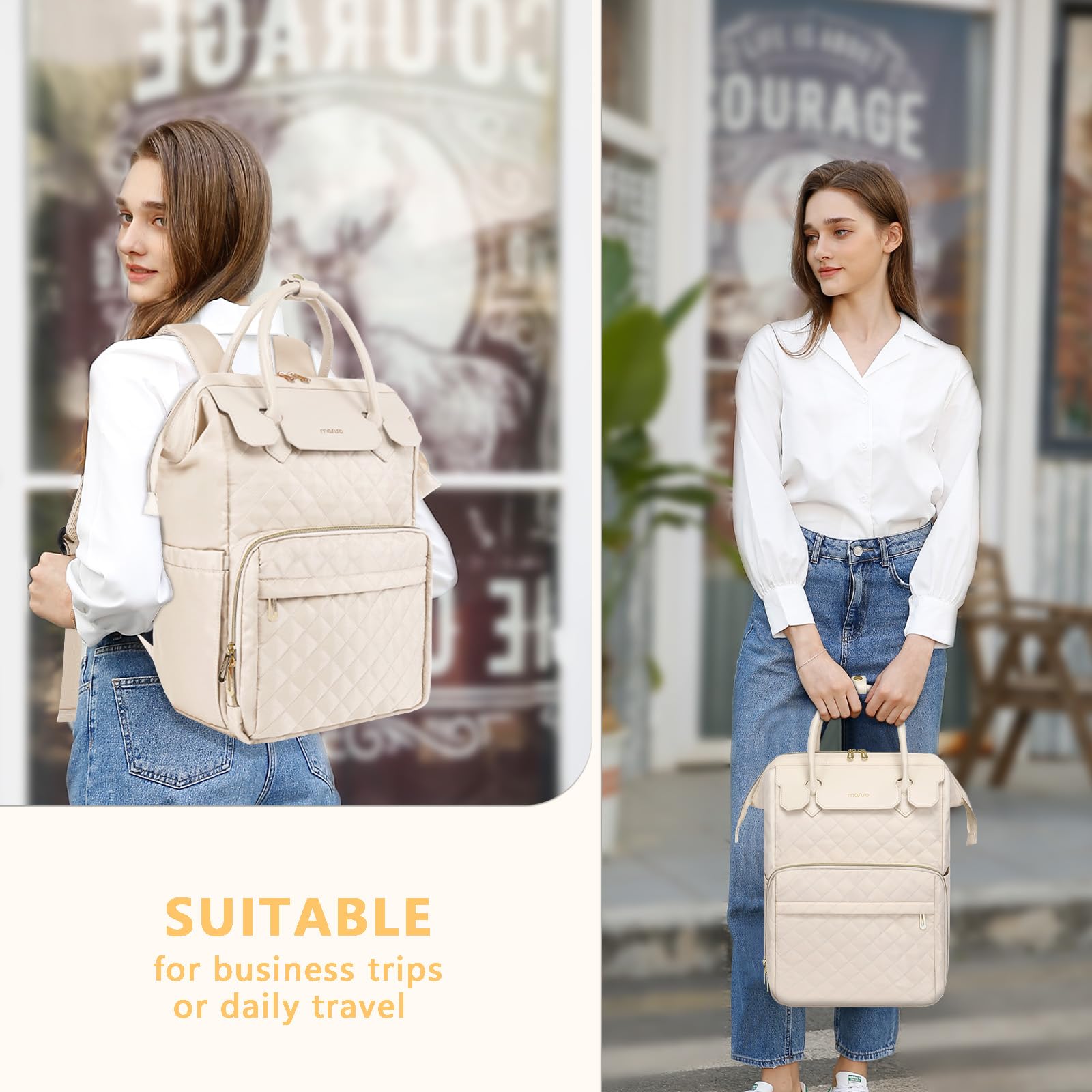 MOSISO Laptop Backpack for Women Men, 15-15.6 inch Rhombus Quilted Flight Approved Travel Backpack with PU Handle, 16 inch Carry on Daypack with USB Port for College Work Business, Beige iMosiso