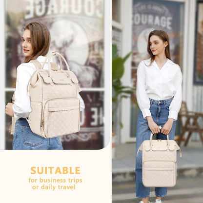 MOSISO Laptop Backpack for Women Men, 15-15.6 inch Rhombus Quilted Flight Approved Travel Backpack with PU Handle, 16 inch Carry on Daypack with USB Port for College Work Business, Beige iMosiso