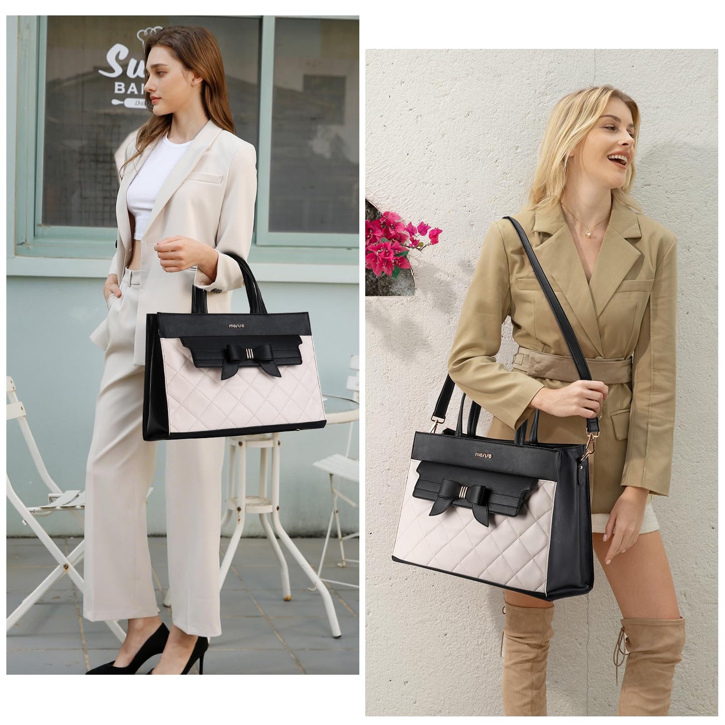 MOSISO Laptop Tote Bag, 15.6 inch PU Leather Flapover Pocket Tote Bag & Clutch Purse, Work Bag with Bowknot for Women, Waterproof Computer Briefcase for Business Office, Black