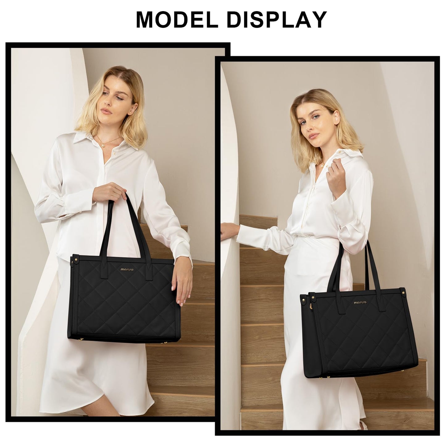 MOSISO Laptop Tote Bag for Women, 15.6 inch PU Leather Rhombus Quilted Work Bag with Cup Holder & Clutch Purse, Large Capacity Teacher Computer Briefcase for Business Office, Black