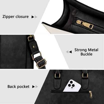 MOSISO Laptop Bag for Women, 15.6 inch PU Leather Laptop Tote Work Bags, 15.6-16 inch Large Capacity Double Vertical Stripes Computer Briefcase Waterproof Bag for Office Travel, Black