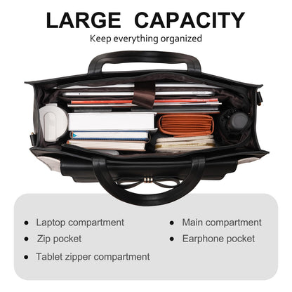 MOSISO Laptop Tote Bag, 15.6 inch PU Leather Flapover Pocket Tote Bag & Clutch Purse, Work Bag with Bowknot for Women, Waterproof Computer Briefcase for Business Office, Black