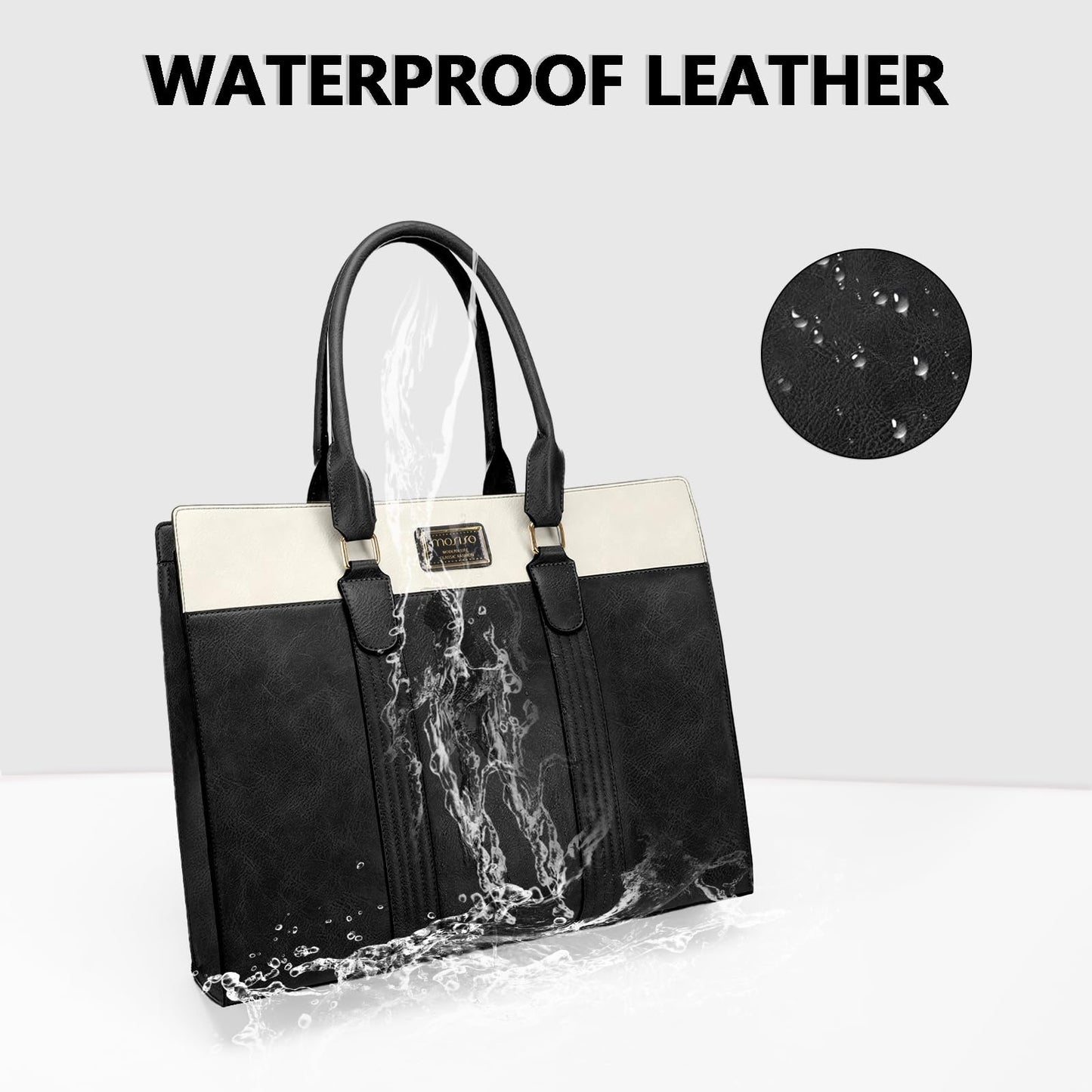 MOSISO Laptop Bag for Women, 15.6 inch PU Leather Laptop Tote Work Bags, 15.6-16 inch Large Capacity Double Vertical Stripes Computer Briefcase Waterproof Bag for Office Travel, Black