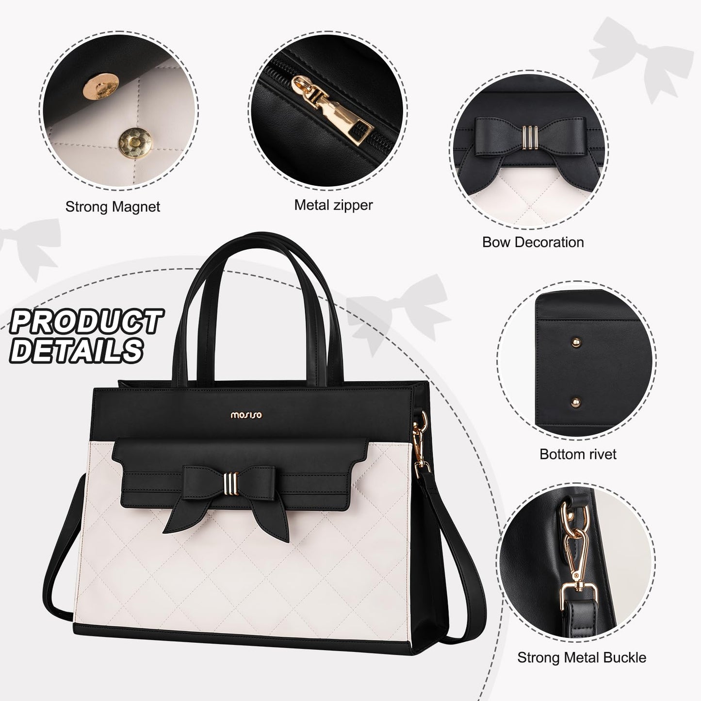 MOSISO Laptop Tote Bag, 15.6 inch PU Leather Flapover Pocket Tote Bag & Clutch Purse, Work Bag with Bowknot for Women, Waterproof Computer Briefcase for Business Office, Black