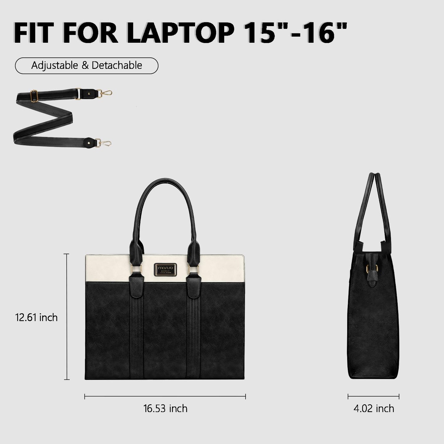 MOSISO Laptop Bag for Women, 15.6 inch PU Leather Laptop Tote Work Bags, 15.6-16 inch Large Capacity Double Vertical Stripes Computer Briefcase Waterproof Bag for Office Travel, Black