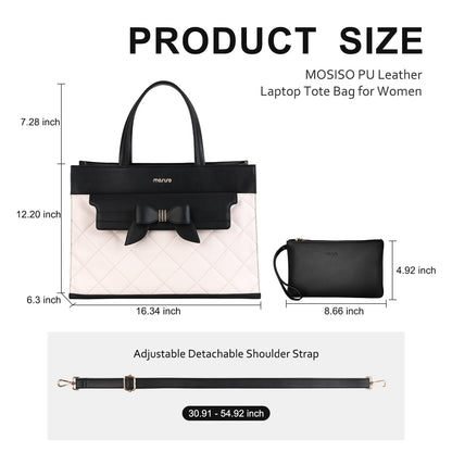 MOSISO Laptop Tote Bag, 15.6 inch PU Leather Flapover Pocket Tote Bag & Clutch Purse, Work Bag with Bowknot for Women, Waterproof Computer Briefcase for Business Office, Black