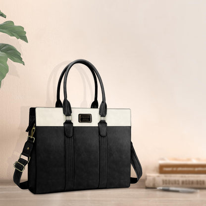 MOSISO Laptop Bag for Women, 15.6 inch PU Leather Laptop Tote Work Bags, 15.6-16 inch Large Capacity Double Vertical Stripes Computer Briefcase Waterproof Bag for Office Travel, Black