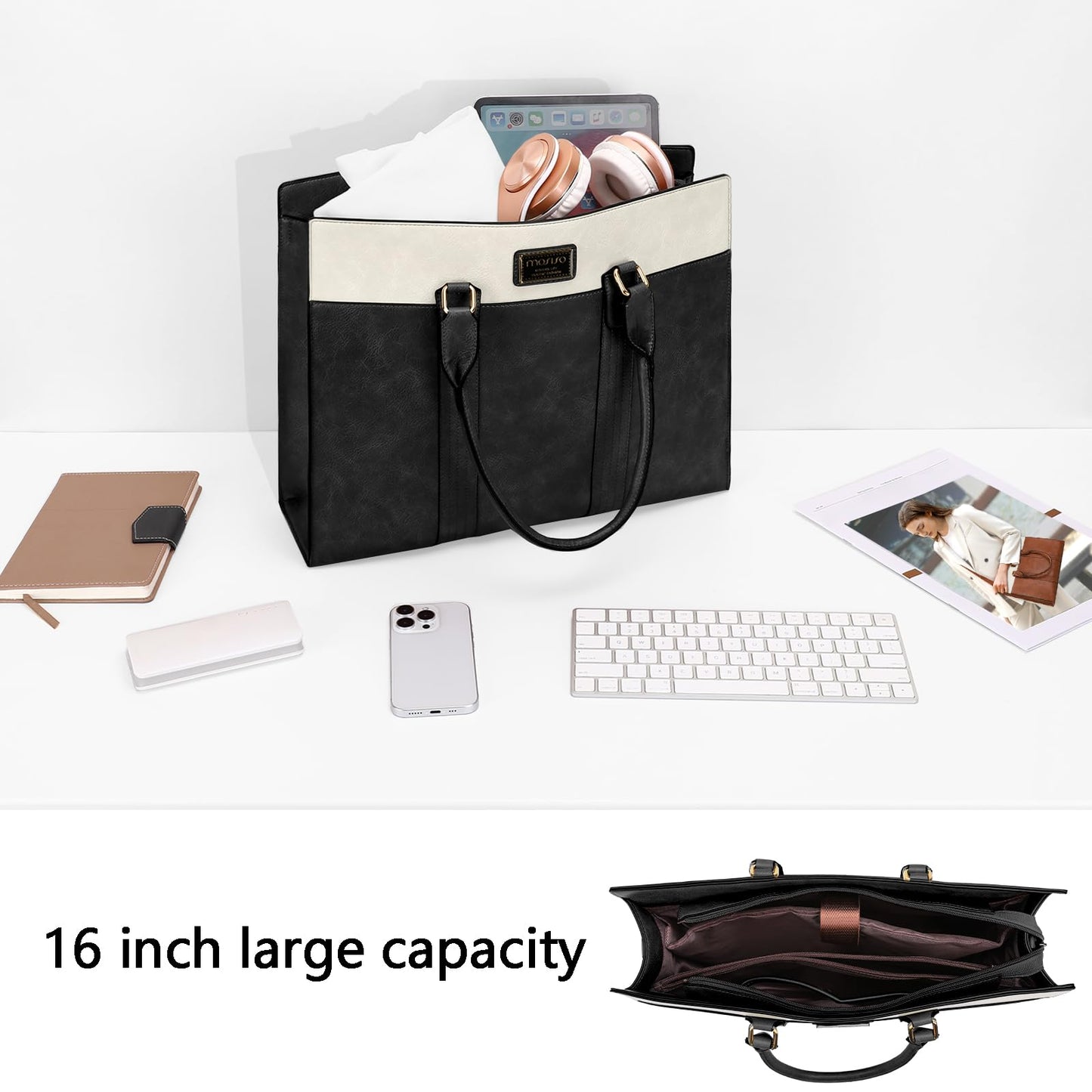 MOSISO Laptop Bag for Women, 15.6 inch PU Leather Laptop Tote Work Bags, 15.6-16 inch Large Capacity Double Vertical Stripes Computer Briefcase Waterproof Bag for Office Travel, Black