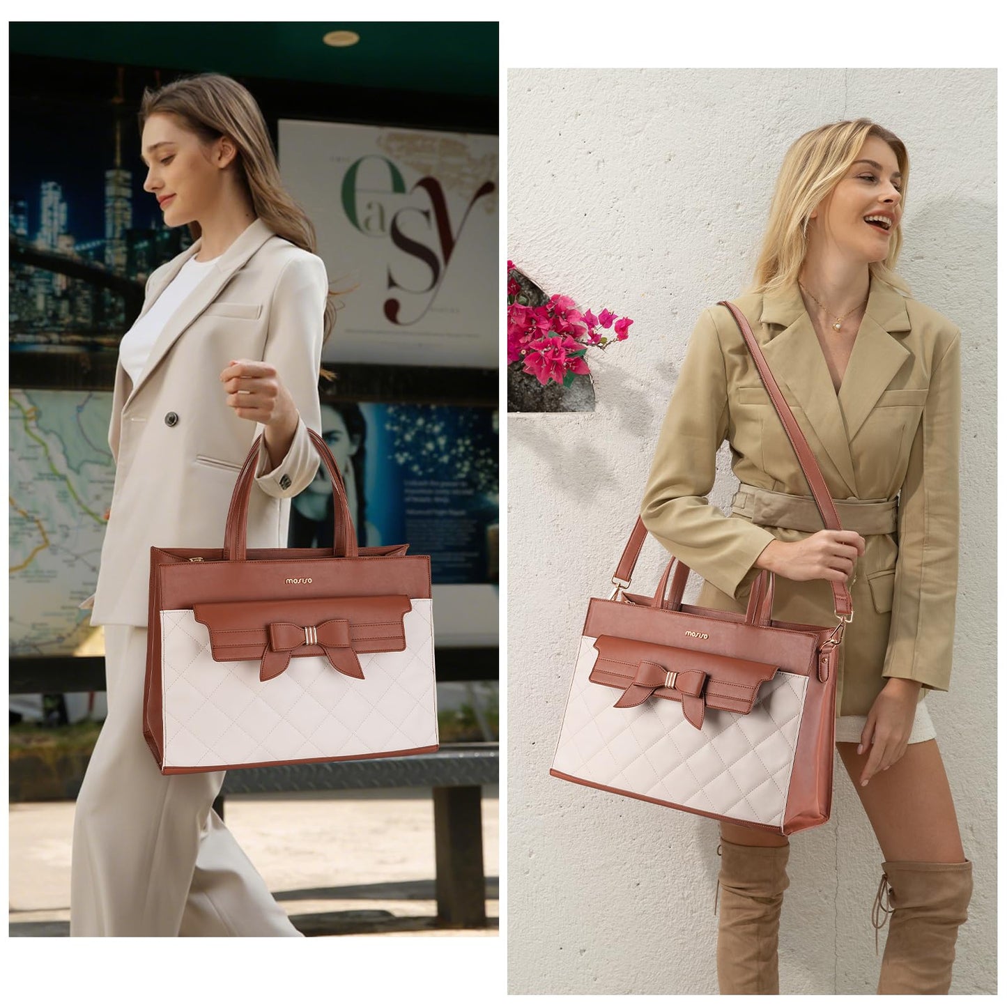 MOSISO Laptop Tote Bag, 15.6 inch PU Leather Flapover Pocket Tote Bag & Clutch Purse, Work Bag with Bowknot for Women, Waterproof Computer Briefcase for Business Office, Brown