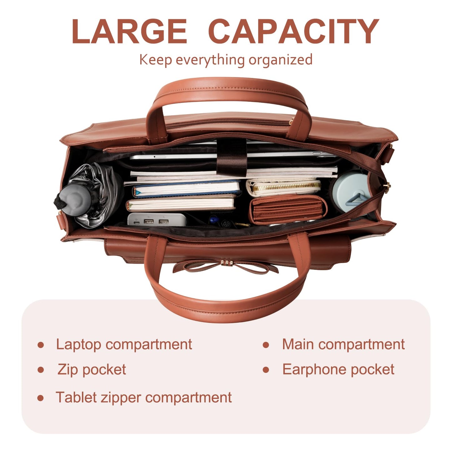 MOSISO Laptop Tote Bag, 15.6 inch PU Leather Flapover Pocket Tote Bag & Clutch Purse, Work Bag with Bowknot for Women, Waterproof Computer Briefcase for Business Office, Brown