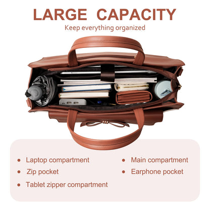 MOSISO Laptop Tote Bag, 15.6 inch PU Leather Flapover Pocket Tote Bag & Clutch Purse, Work Bag with Bowknot for Women, Waterproof Computer Briefcase for Business Office, Brown