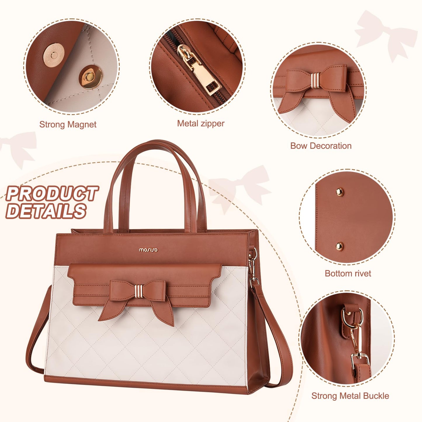 MOSISO Laptop Tote Bag, 15.6 inch PU Leather Flapover Pocket Tote Bag & Clutch Purse, Work Bag with Bowknot for Women, Waterproof Computer Briefcase for Business Office, Brown