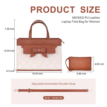 MOSISO Laptop Tote Bag, 15.6 inch PU Leather Flapover Pocket Tote Bag & Clutch Purse, Work Bag with Bowknot for Women, Waterproof Computer Briefcase for Business Office, Brown