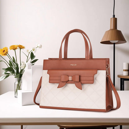 MOSISO Laptop Tote Bag, 15.6 inch PU Leather Flapover Pocket Tote Bag & Clutch Purse, Work Bag with Bowknot for Women, Waterproof Computer Briefcase for Business Office, Brown