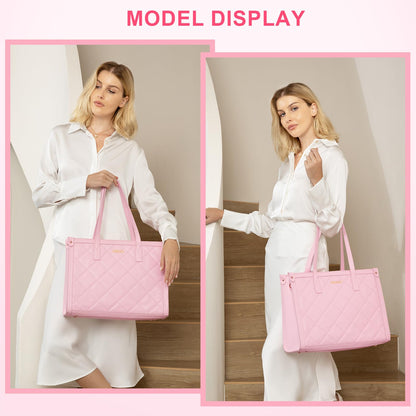 MOSISO Laptop Tote Bag for Women, 15.6 inch PU Leather Rhombus Quilted Work Bag with Cup Holder & Clutch Purse, Large Capacity Teacher Computer Briefcase for Business Office, Pink
