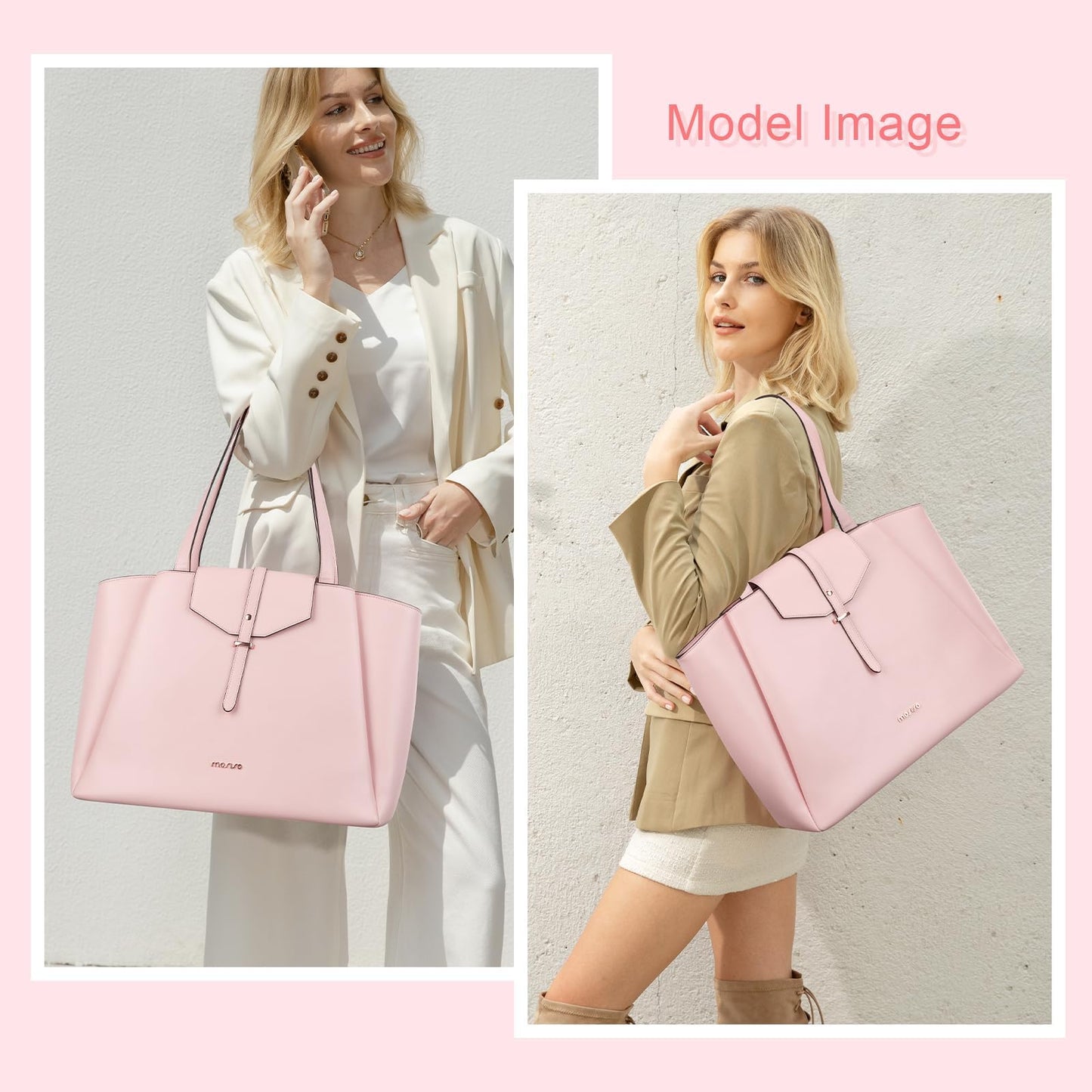 MOSISO Laptop Tote Bag for Women, 15.6 inch PU Leather Work Laptop Bag with Flap Buckle & Clutch Purse, Large Capacity Computer Shoulder Handbag for Casual Business Travel, Pink